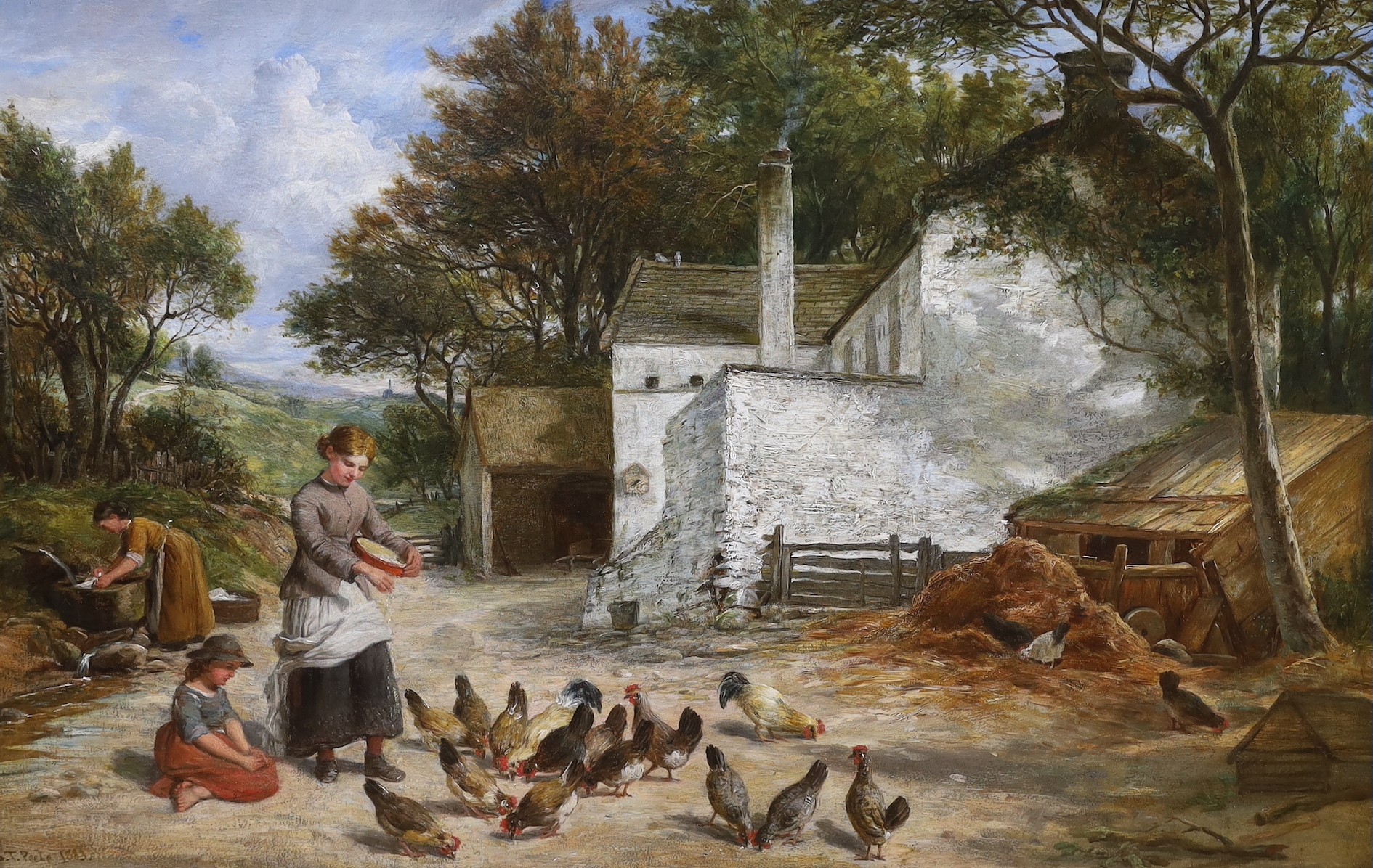 John Thomas Peele (1822-1897), Feeding the chickens, oil on canvas, 55 x 85cm